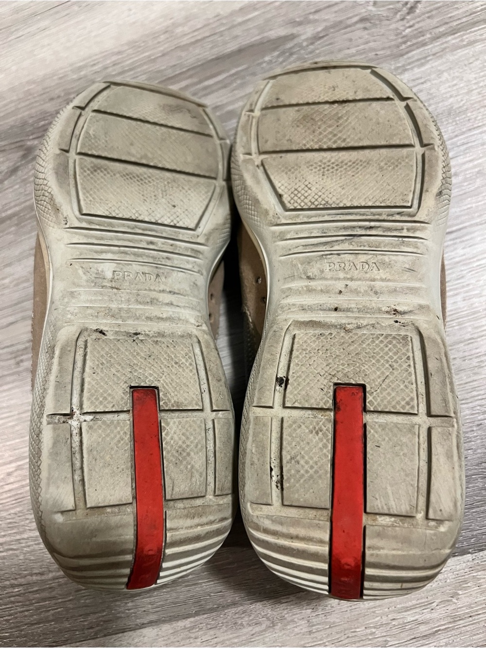 Prada Men’s Beige Suede and Gray Mesh Sneakers with Red Logo Tape - Picture 3 of 5